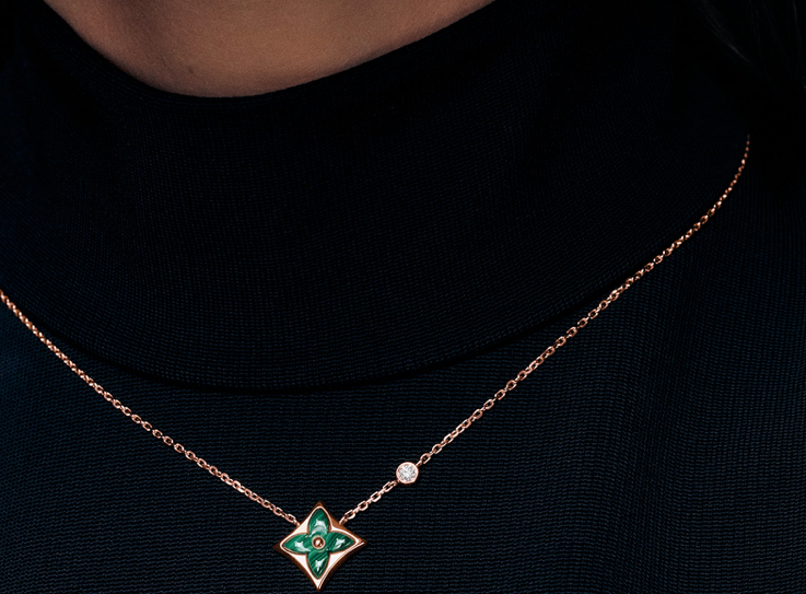 컬러 블라썸 BB 스타 펜던트, 핑크 골드, 말라카이트와 다이아몬드